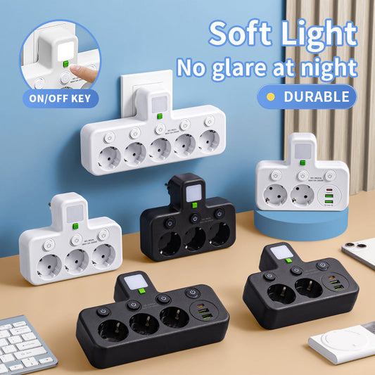 Adaptateur secteur EU avec 4 prises, prise murale multiport avec interrupteur indépendant et petit adaptateur pour veilleuse