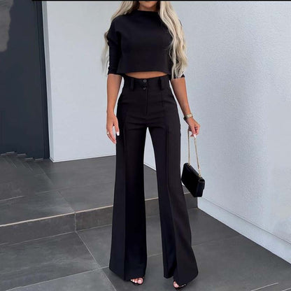 👚 60% DE RÉDUCTION ! 🎉 Ensemble deux pièces pour femme : haut court élégant et pantalon large👖📦
