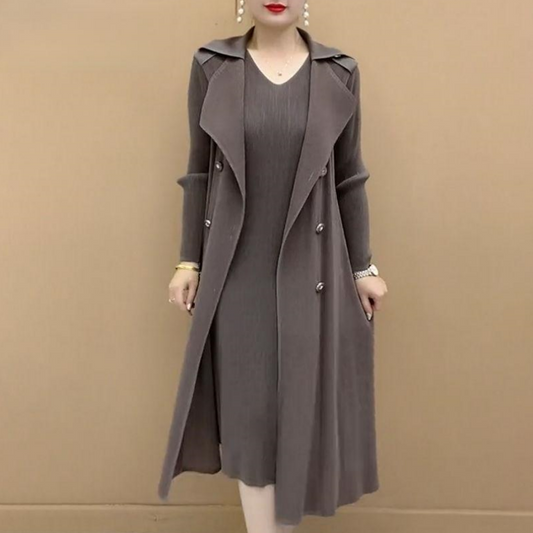 Trench-coat à Faux Deux Pièces avec Col de Costume Plissé à La Mode