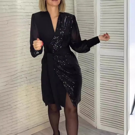 🎅Ventes de Noël anticipées - 50 % de réduction🎄Robe fendue à paillettes à col en V pour femmes