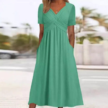 Femmes Col V Manches Courtes Robes Longues