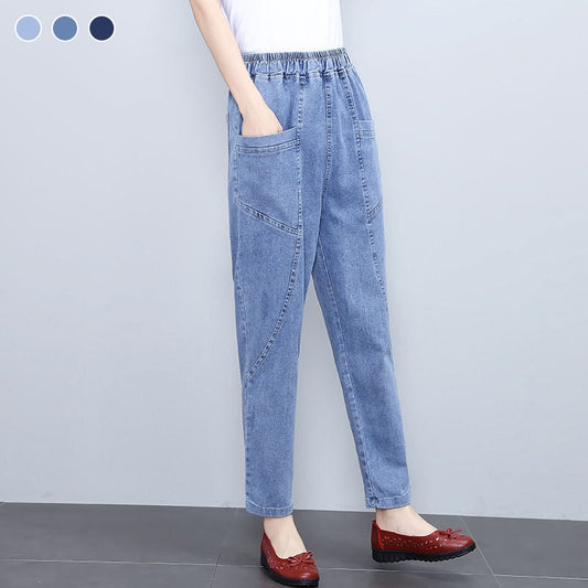 Pantalon droit en denim à taille haute élastique pour femme