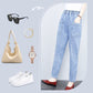 Pantalon droit en denim à taille haute élastique pour femme