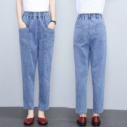 Pantalon droit en denim à taille haute élastique pour femme