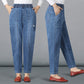 Pantalon droit en denim à taille haute élastique pour femme