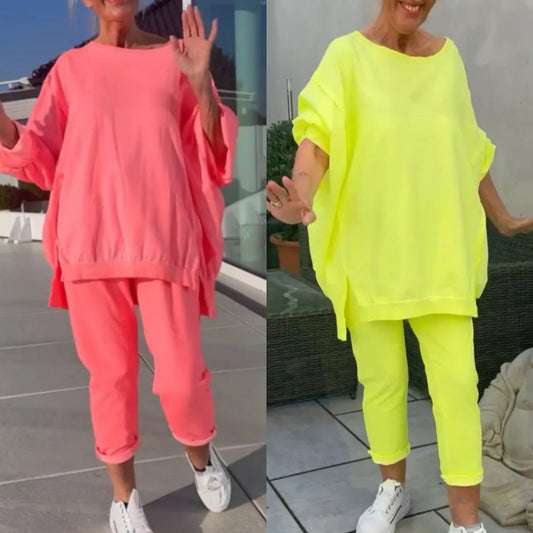 💕Best-seller de l'été💕Round neckline slit Fluorescent colour leisure suit for women(🔥55% de réduction)