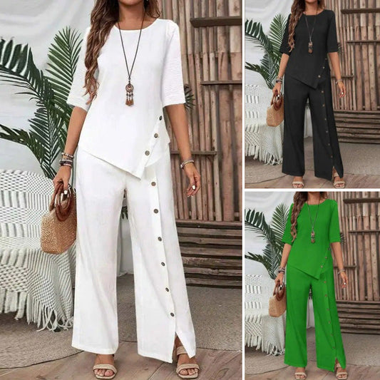 Ensemble deux pièces pour femme : haut à ourlet asymétrique et pantalon à jambes larges