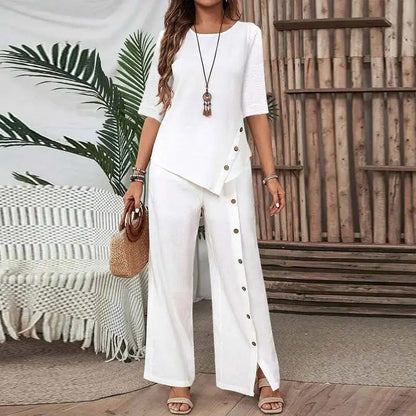Ensemble deux pièces pour femme : haut à ourlet asymétrique et pantalon à jambes larges