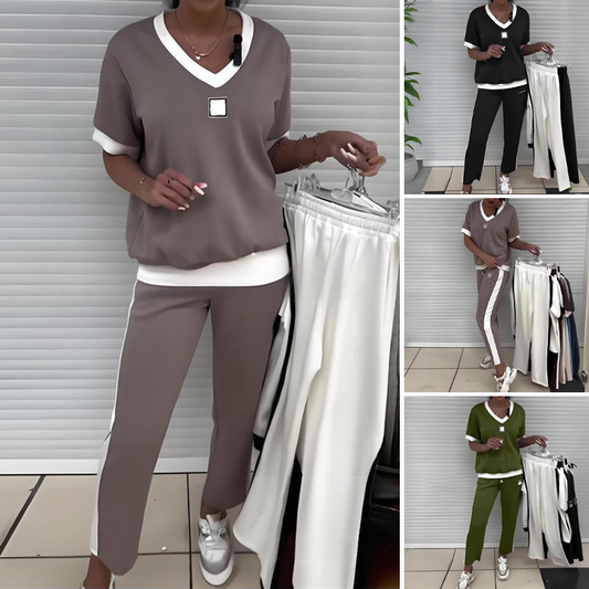 👚 60% DE RÉDUCTION! 💜 Ensemble Pantalon & Top Décontracté à Col V pour Femmes – Tendance, Confortable & Parfait Pour Un Look Décontracté 🌸