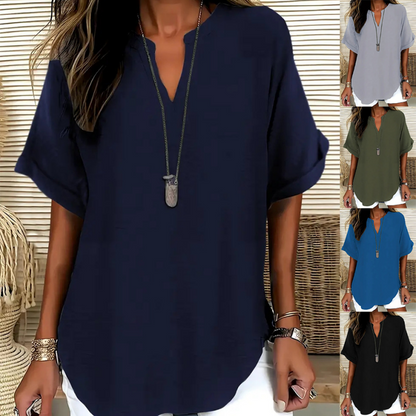👚 50% DE RÉDUCTION! 🔥 Top Ample à Manches Courtes Tendance – Col en V Cranté, Ourlet Asymétrique & Tissu Léger (5 Couleurs, S–2XL) 🌸