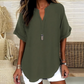 👚 50% DE RÉDUCTION! 🔥 Top Ample à Manches Courtes Tendance – Col en V Cranté, Ourlet Asymétrique & Tissu Léger (5 Couleurs, S–2XL) 🌸