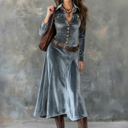 Robe longue à manches longues en velours pour femme