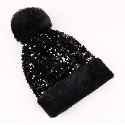 📢📢60 % de réduction !!!⏰Bonnet d'hiver à pompon et paillettes scintillantes