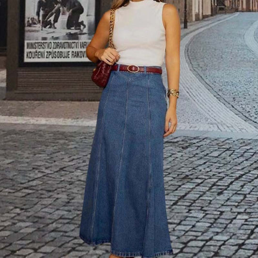 👗 60 % DE RÉDUCTION ! ✨ Jupe longue en jean taille haute coupe trapèze pour femme – Coupe flatteuse, confort extensible et style polyvalent 👖