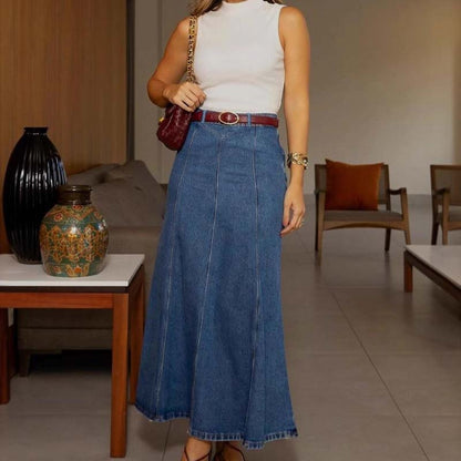 👗 60 % DE RÉDUCTION ! ✨ Jupe longue en jean taille haute coupe trapèze pour femme – Coupe flatteuse, confort extensible et style polyvalent 👖