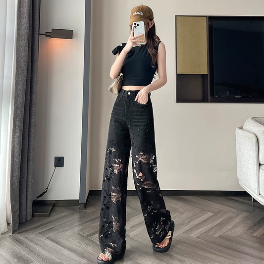 Pantalon creux pour femme avec imprimé strass chauds assemblés