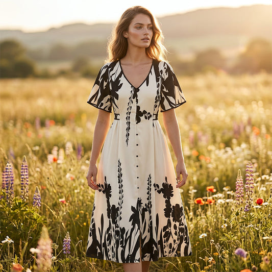Robe midi élégante à col en V et imprimé botanique