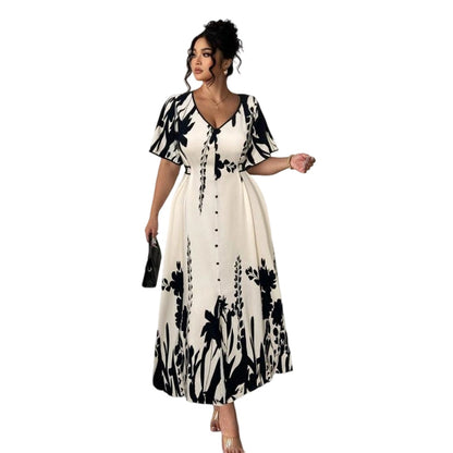 Robe midi élégante à col en V et imprimé botanique
