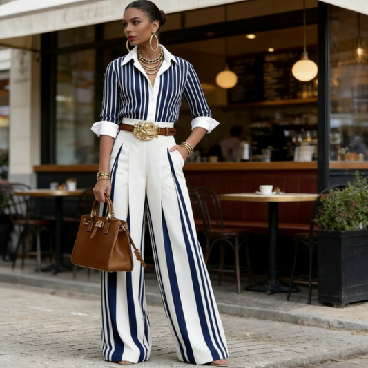 🎁Nouveautés à -60%💥Ensemble chemise rayée et pantalon large – confortable et élégant au quotidien