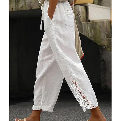 Pantalon à cordon de serrage avec bordure en dentelle pour femme