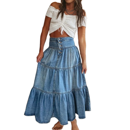 💙 50% DE RÉDUCTION ! 👗 Jupe Maxi en Denim Évasée à Taille Haute pour Femme – Silhouette flatteuse, chic effortless & parfaite au quotidien 🌿