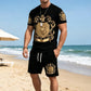 👑 50 % DE RÉDUCTION POUR UNE DURÉE LIMITÉE ! ✨ Ensemble pour homme avec imprimé Gold Crest – T-shirt et short, style décontracté chic ✨