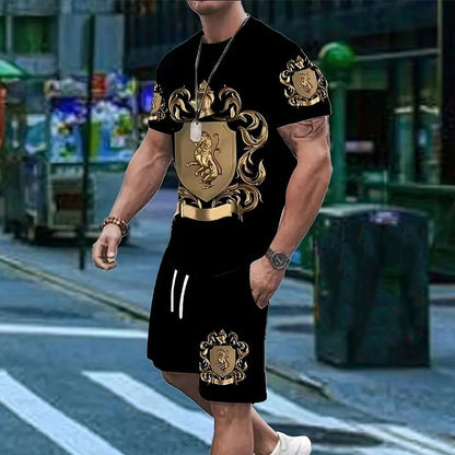 👑 50 % DE RÉDUCTION POUR UNE DURÉE LIMITÉE ! ✨ Ensemble pour homme avec imprimé Gold Crest – T-shirt et short, style décontracté chic ✨