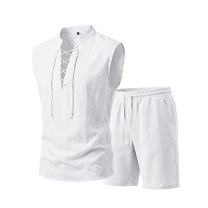 👕 PROMO LIMITÉE 50% DE RÉDUCTION ! ✨ Ensemble Homme en Lin – Haut sans Manches Lacé, Short, 7 Couleurs ☀️
