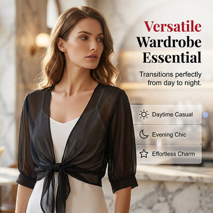 📢📢50 % DE RÉDUCTION !! ⏰Top/Blouse Femme en Chiffon Transparent à Nœud Devant – Coupe Courte, Décolleté en V, Style Romantique & Élégant, Parfait pour Superposition 🍷