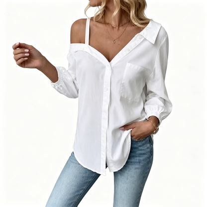 👚 50 % DE RÉDUCTION ! ✨ Chemise à boutons pour femme, épaules dénudées – Asymétrique, tissu froissé et manches longues – Aérée, décontractée et chic 💫