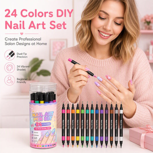 📢📢2 achetés = 1 offert !! ⏰  Set de 12 Stylos Nail Art – Double Pointe, Tracé Précis et 24 Couleurs